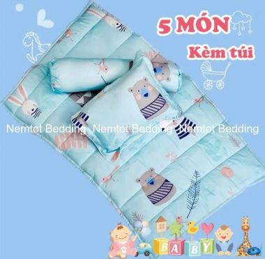 Bộ Nệm Gối Trẻ Em 5 Món Cho Bé Đi Học Vải Tencel Than Hoạt Tính Thoáng Mát, Gồm Ruột Gối